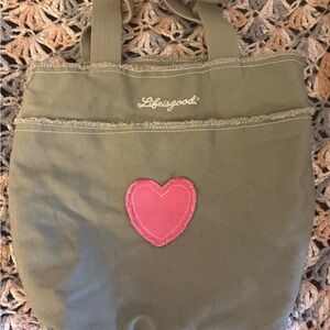 Life Is Good Olive Tote with Pink Heart
